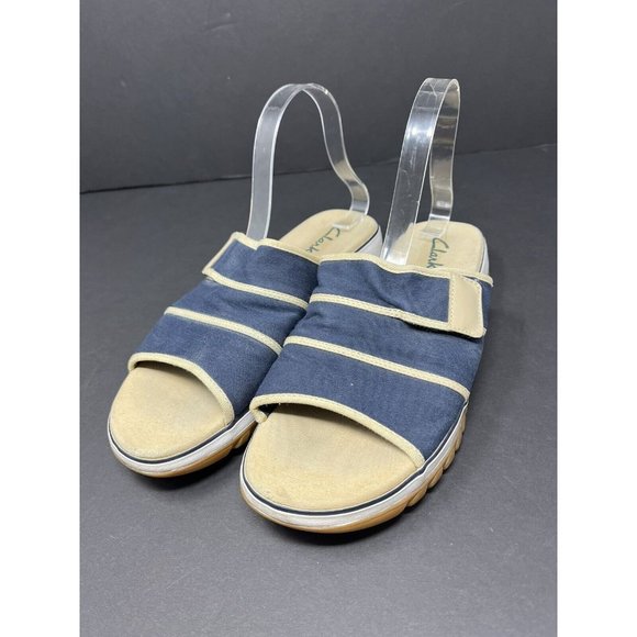 Clarks 36124 Navy Tan Canvas Hook & Loop Slide On Comfort Womens‎ Sandals Sz 11M - Picture 1 of 7